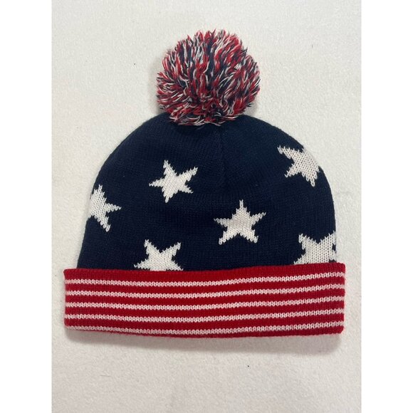 Old Navy Stars Stripes USA Pom Beanie Hat Red White Blue Knit One Size - Picture 2 of 7